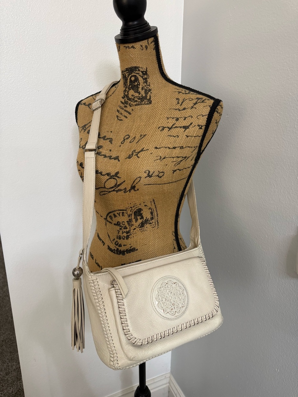 Brighton Ferrara Medallion Cream Pebbled Leather Crossbody Bag